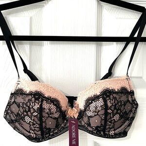Adore Me Lace Bra 32B Black Nude Underwire Push-Up Lingerie NWT Adjustable Strap